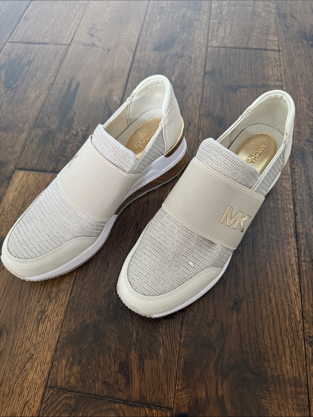 Michael Kors Women's Beige Slip-On Platform Sneakers with Gold MK